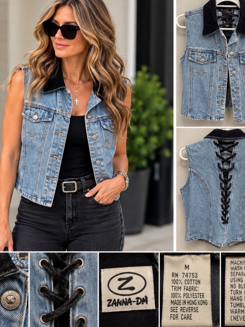 Light Blue Denim Vest with Black velvet Collar